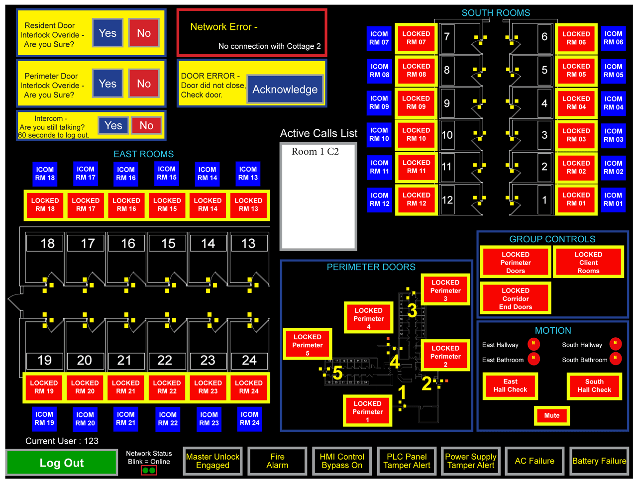 HMI screenshot based on geographical CAD drawing layout indicates door lock, motion detection, and call status of several resident rooms and hallways.