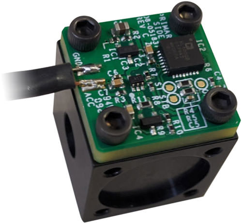 Figure 4. Vibration measurement test setup: the EVAL-CN0532-EBZ board attached to a shaker table using an EVAL-XLMOUNT1 aluminium mounting block.