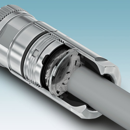 M12 connectors in shielded applications must contact the conductor shield across a large area and with long-term stability.