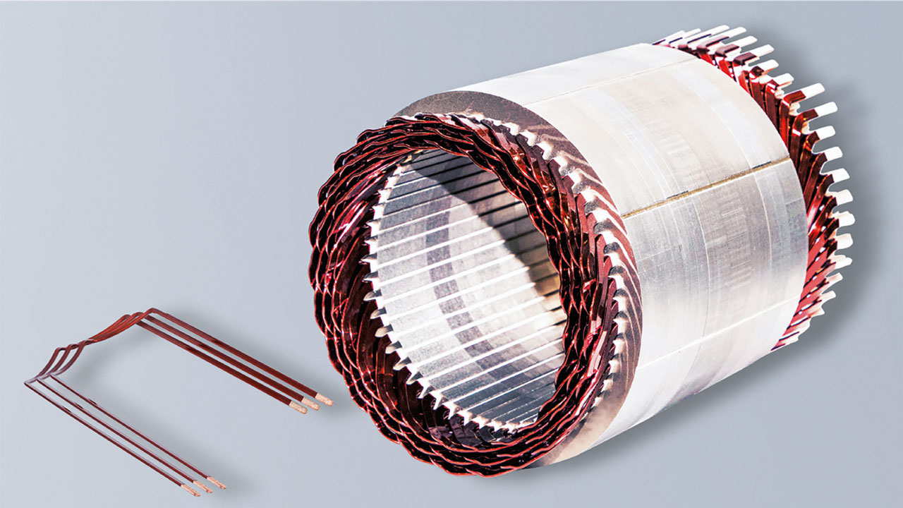 GROB's electric motor stators (right) contain several winding rims made of individual hairpins (left).