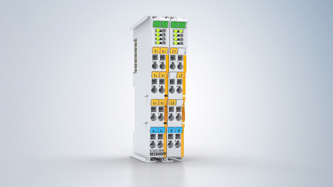 The TwinSAFE SC functionality of the EL3453-0090 is identified by a yellow stripe on the housing front panel.