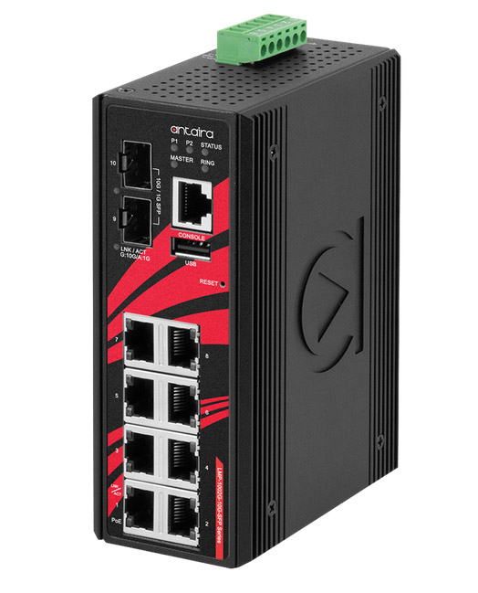 Antaira’s LMP-1002G-10G-SFP-24 is a Gigabit PoE+ managed Ethernet switch embedded with 8 Ethernet ports and 2 SFP+ slots.