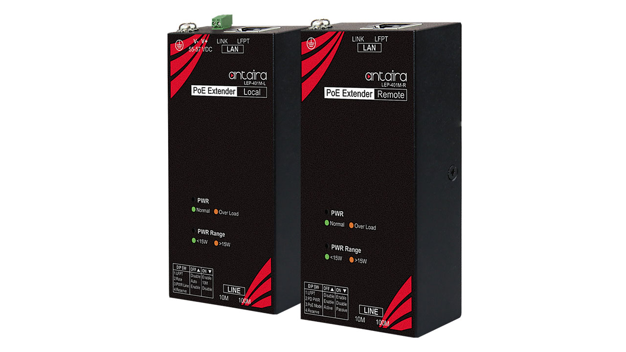 Antaira LEP-401M-KIT contains a long reach transceiver with one Ethernet port and one PoE Long Reach injector port, and a long reach receiver with one PoE Long Reach Extender port and one PoE PSE Ethernet port
