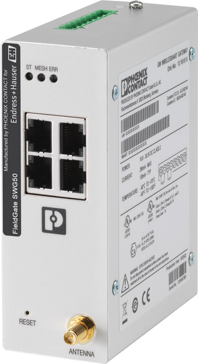 The Endress+Hauser FieldGate SWG50 is a compact WirelessHART gateway for securely connecting and monitoring multiple instruments, useful in several process and discrete manufacturing industries.