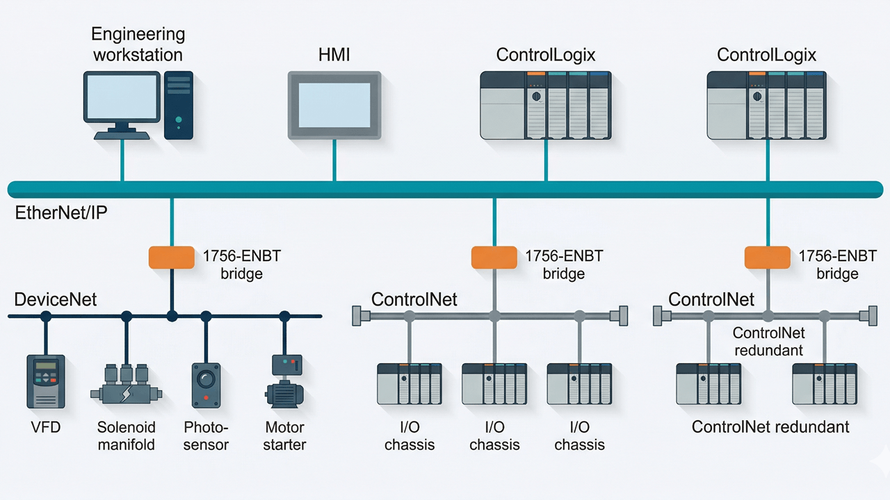 Typical hybrid OT architecture. Modern Ethernet/IP backbone coexists with DeviceNet and ControlNet segments that remain mission-critical in installed plants.