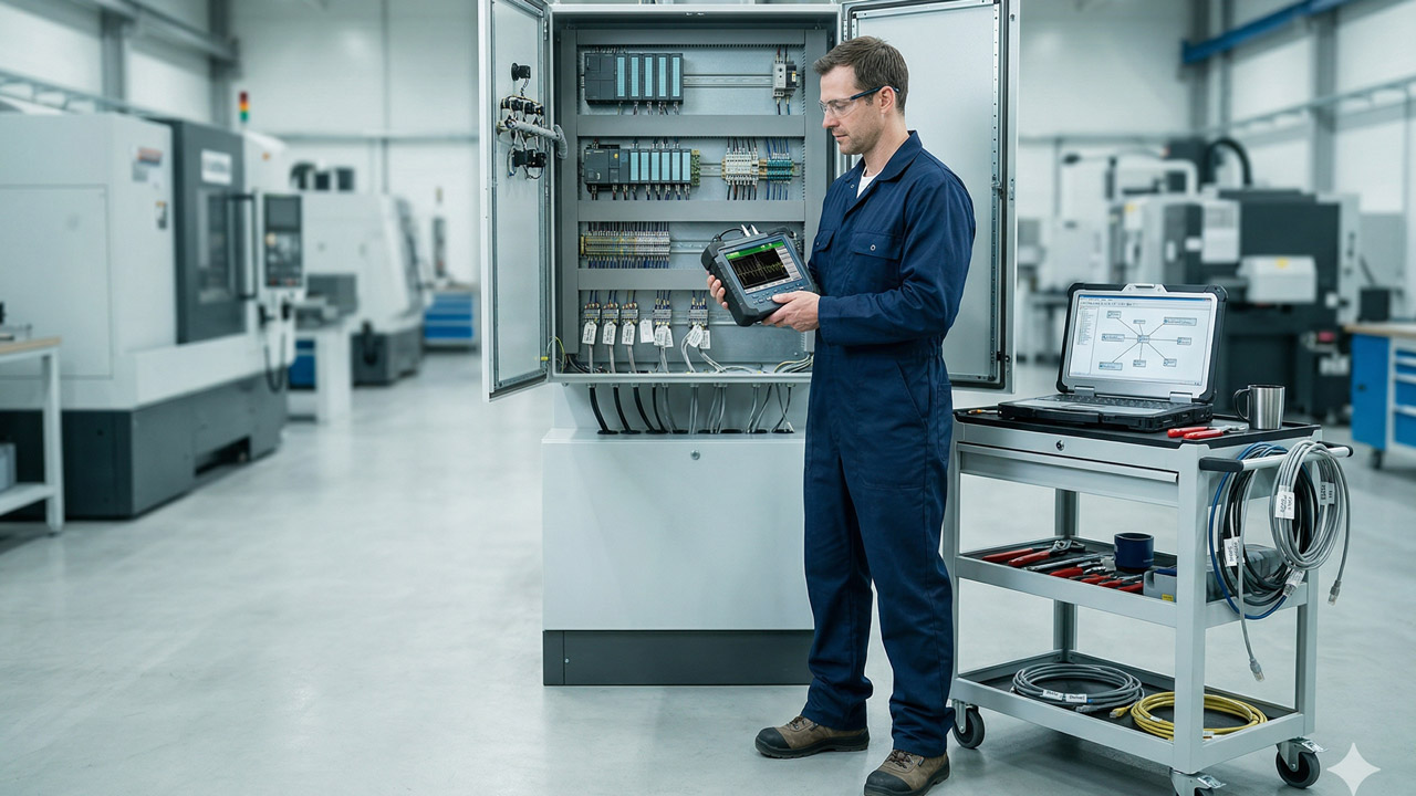 Technician testing DeviceNet trunk terminators and signal margin during a scheduled maintenance window, control cabinet open, handheld network analyser in view.