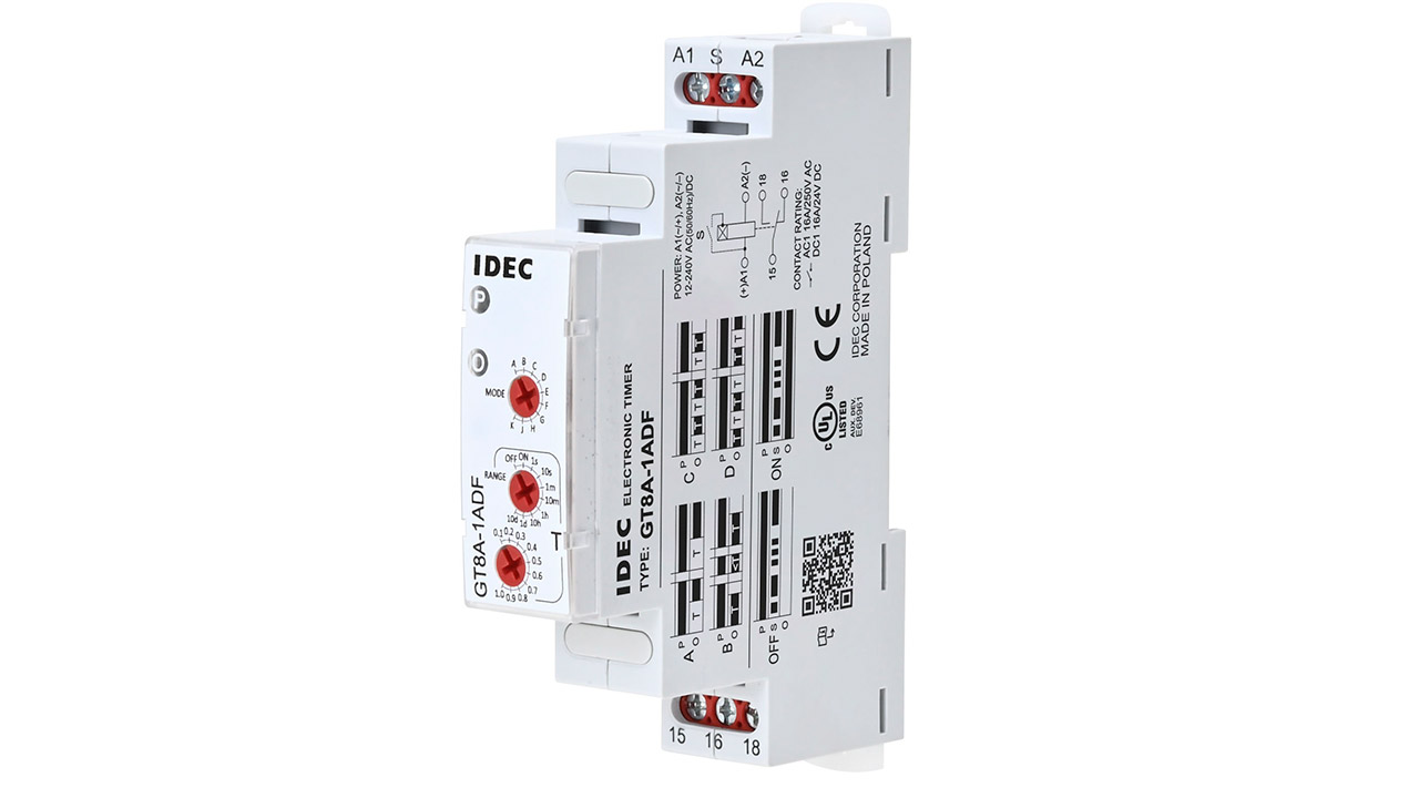 The GT8A slim electronic timer relay from IDEC saves control panel space and provides multiple functions, with a favorable price-to-performance ratio.