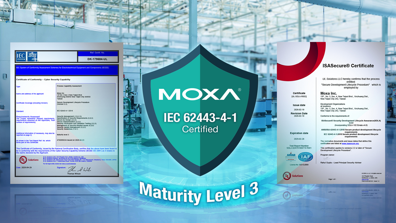 Moxa Secures Dual IEC 62443-4-1 Maturity Level 3 Certifications, setting a new benchmark for critical infrastructure security.