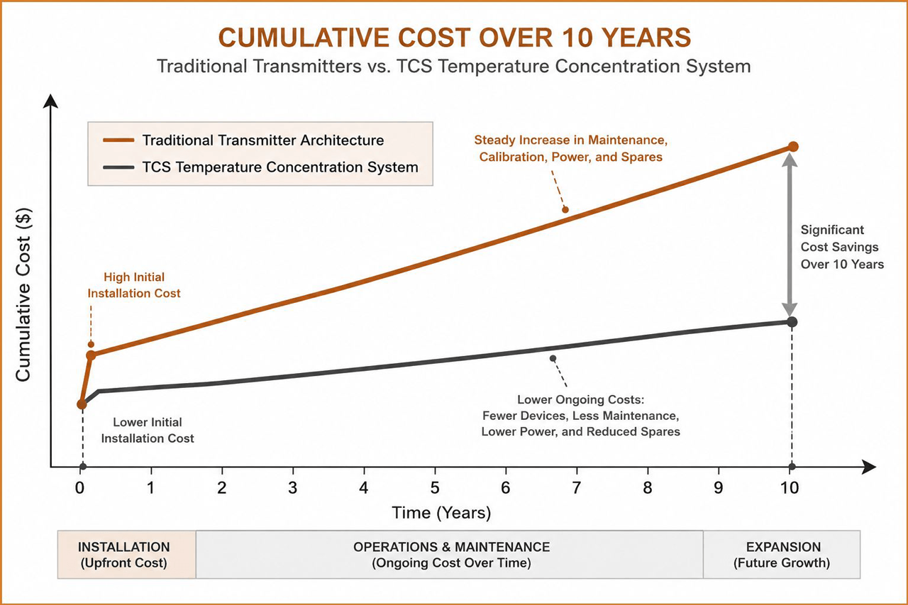 Figure 3: Cumulative cost over a 10-year period. Traditional point-to-point architecture carries a higher installation cost and a steadily rising maintenance burden, while the TCS Temperature Concentrator System starts lower and grows at a flatter rate.