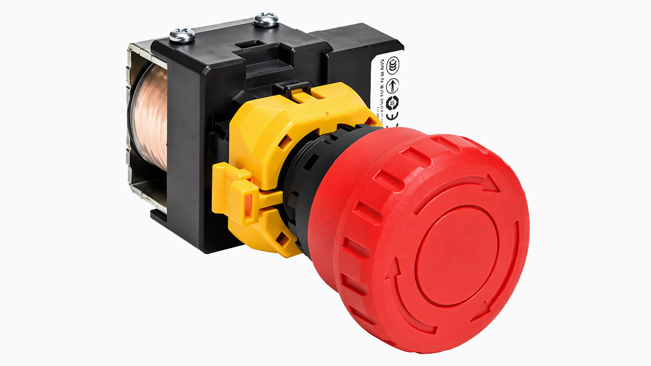 The assisted emergency stop switch, with optional activation assist function, extends the ability of users to safely stop equipment that is remote, hard to reach, or in motion.